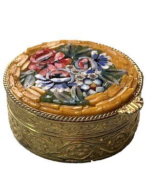 Vintage Italian Micro Mosaic Pill Box Floral Design Gold Tone Trinket Box Italy